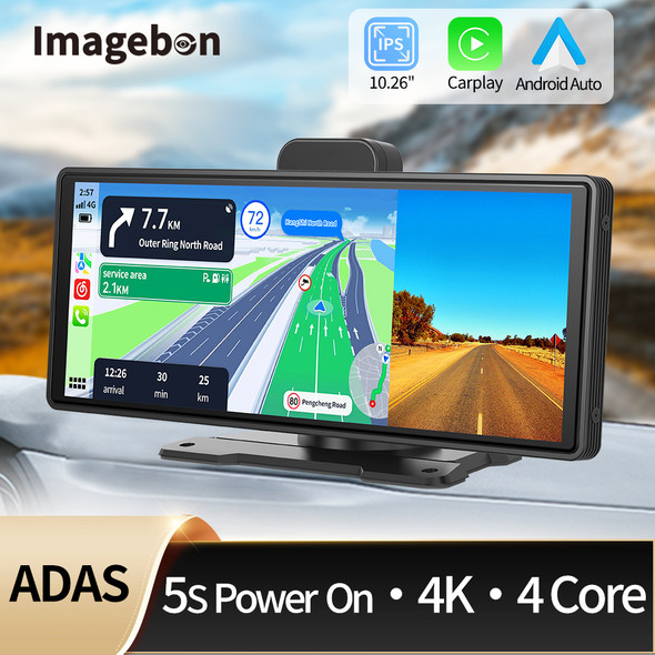 10.26" 4K Dash Cam ADAS Wireless CarPlay Android Auto Car DVR 5G WiFi GPS Navigation Rearview Camera Dashboard Video Recorder