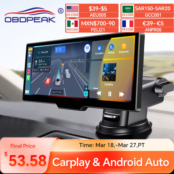 OBDPEAK T20 10.26" Dash Cam Rearview Camera Carplay & Android Auto Smart Player GPS Navigation Car DVR FM Mirror Monitor