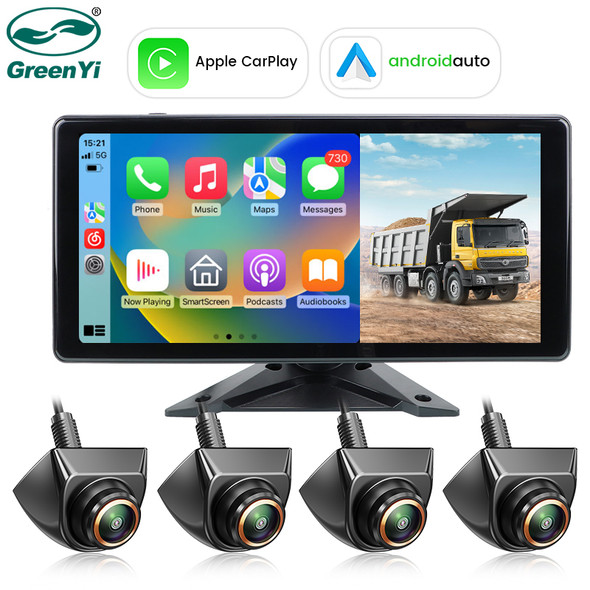 GreenYi Wireless WiFi Carplay Android Auto 10.36'' 4CH Split Screen Truck Bus Dash Cam DVR Recorder Monitor and 1080 Mini Camera
