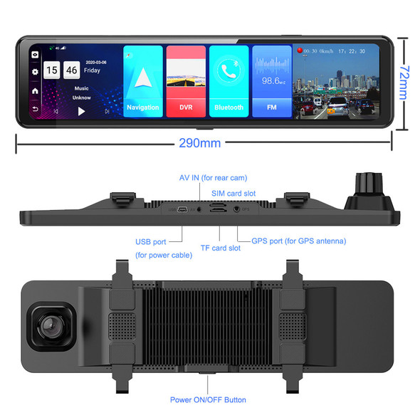 12 Inch Car Rearview Mirror Camera 4G Android 8.1 Dash Cam 4G RAM 32G ROM GPS Navigation ADAS AUTO Video Recorder WiFi DVR