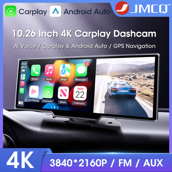 JMCQ 10.26" Car DVR Carplay Android Auto Dashcam 4K 3840*2160 Front and 1080P Rear Camera Voice Control GPS Recorder Dual lens