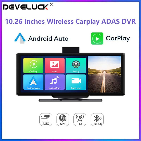 Universal 10.26” Portable Car ADAS DVR Wireless Carplay&Android Auto 4K Car DVR&1080P Rear Camera Dashcam GPS FM WIFI Dual Lens