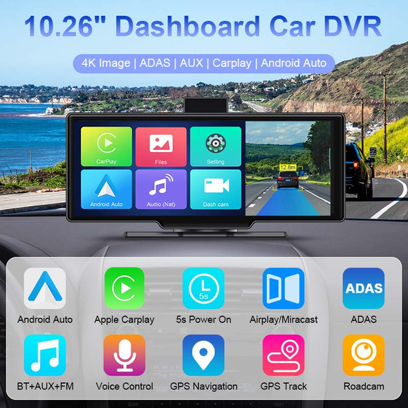 Universal 10.26” Portable Car ADAS DVR Wireless Carplay&Android Auto 4K Car DVR&1080P Rear Camera Dashcam GPS FM WIFI Dual Lens