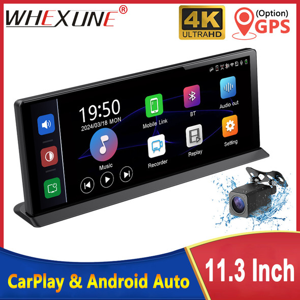 11.3" Car DVR Carplay Android Auto Dashcam 4K 3840*2160 Front And 1080P Rear Camera Voice Control BT FM GPS Recorder Dual lens