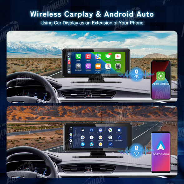 ADINKAM 6.86 Inch Portable Carplay Android Auto 2.5K Dual Cameras Car DVR Support AirPlay Android Cast Built In WiFi BT Dashcam