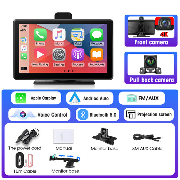 Srnubi 7-inch Car DVR Dashcam 4K Carplay Android Auto 2160P Front 1080P Rear Camera Dashboard WIFI Driving Recorder Dual Lens