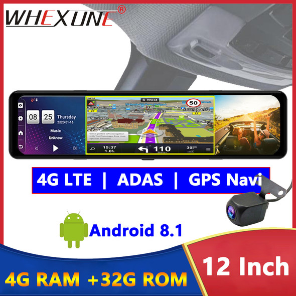 12" Rearview Mirror Video Recorder 4G Wifi Touch Screen Car DVR Android 8.1 Auto GPS Navigation ADAS Dash Cam With Backup Camera