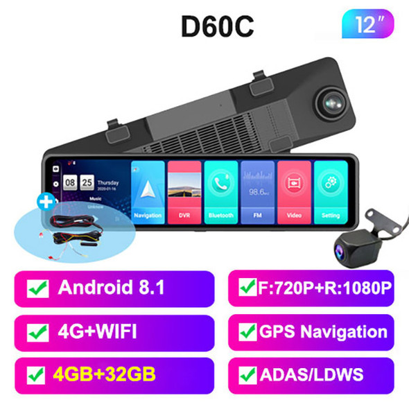 12" Rearview Mirror Video Recorder 4G Wifi Touch Screen Car DVR Android 8.1 Auto GPS Navigation ADAS Dash Cam With Backup Camera