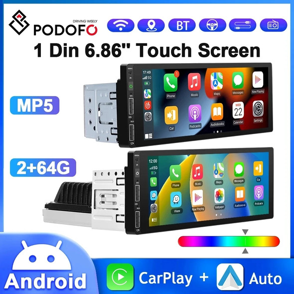 Podofo 6.86'' 1Din Car Radio Multimedia Player MP5 Radio Wireless/Wired Carplay Android Auto Bluetooth FM Mirror Link Car Stereo