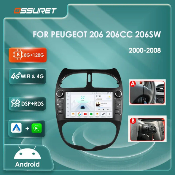 Android 12 Car radio for PEUGEOT 206 206CC 206SW 2000-2005 2006 2007 2008 Multimedia player GPS navi Video 7862 2din Autoradio