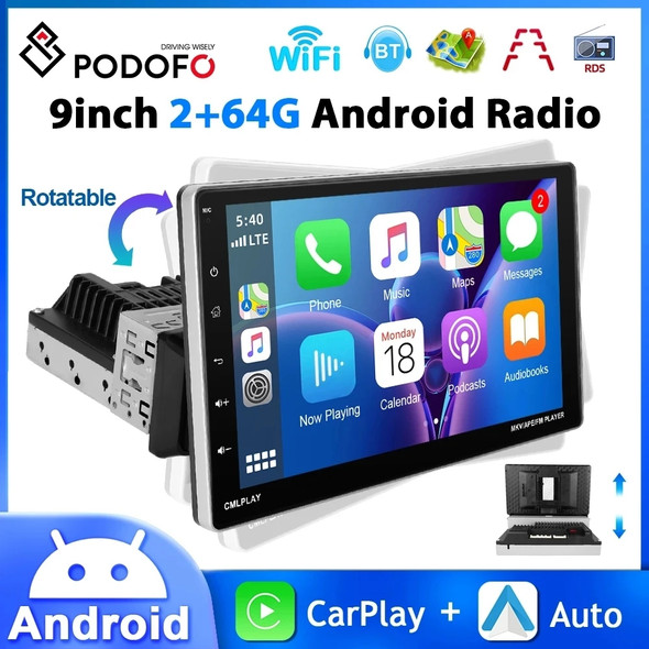 Podofo 1Din Android Car Radio 9'' 2+64G Automotive Multimedia Carplay Android Auto WIFI GPS Navigation Intelligent Car System