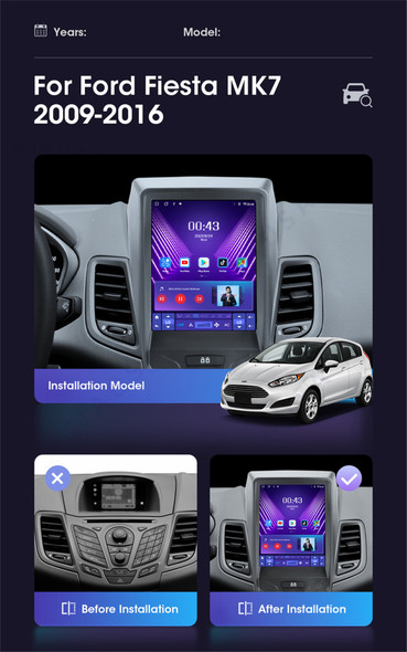 Car Radio For Ford Fiesta 2009 - 2016 Tesla Style Screen Multimedia Player Car Play Intelligent System Android 13 Auto Audio