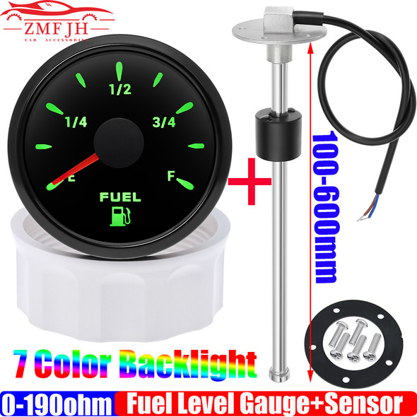 0-190 ohm Fuel Float Sensor + 52mm Fuel Level Gauge 7 Color Light Waterproof IP67 Oil Tank Meter Indicator Car Yacht 12V 24V