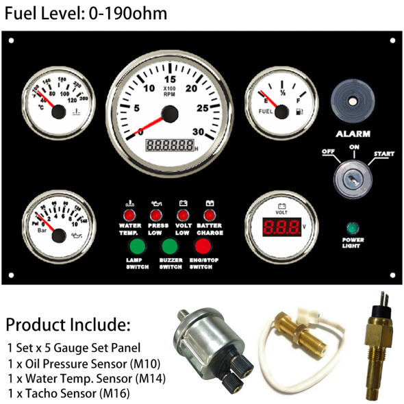 300*190 mm 5 Gauge Set 12V 24V Engine Panel Instrument Assembly with 6K Tachometer Fuel Level Water Temp. Oil Pressure Voltmeter