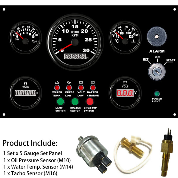 300*190 mm 5 Gauge Set 12V 24V Engine Panel Instrument Assembly with 6K Tachometer Fuel Level Water Temp. Oil Pressure Voltmeter