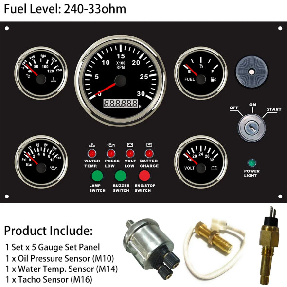 Universal 5 Gauge Set Instrument Panel with 3KRPM Tachometer Fuel Level Water Temp. Oil Pressure Voltmeter 300*190 mm 12V or 24V