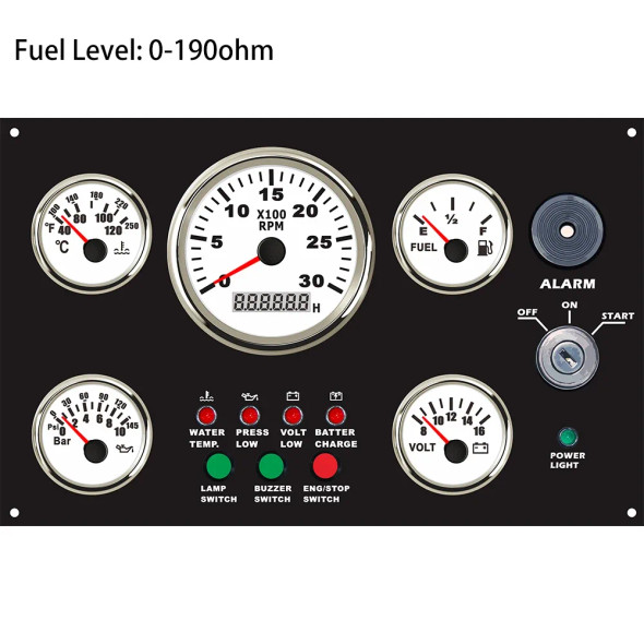 Universal 5 Gauge Set Instrument Panel with 3KRPM Tachometer Fuel Level Water Temp. Oil Pressure Voltmeter 300*190 mm 12V or 24V