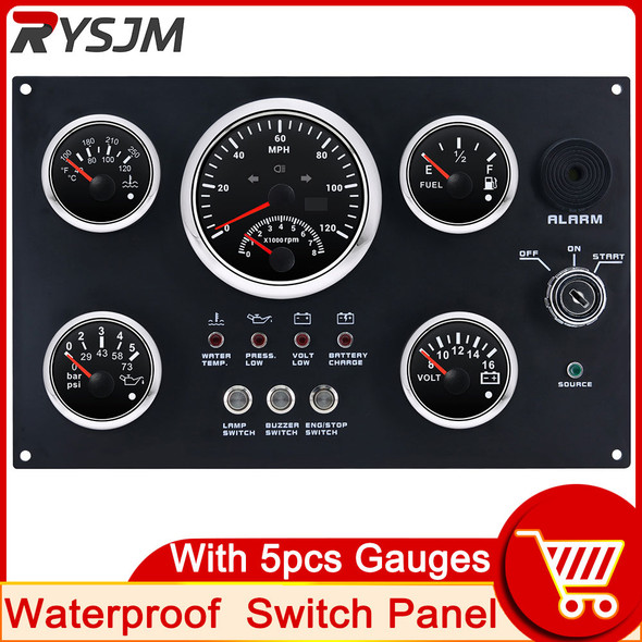 5 Gauge Set with Instrument Switch Panel 8000 RPM Meter Tachometer GPS Speedometer Water Temp Gauge Fuel Level Oil Press Volt