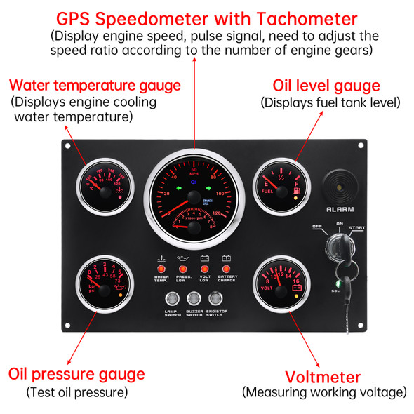 5 Gauge Set with Instrument Switch Panel 8000 RPM Meter Tachometer GPS Speedometer Water Temp Gauge Fuel Level Oil Press Volt