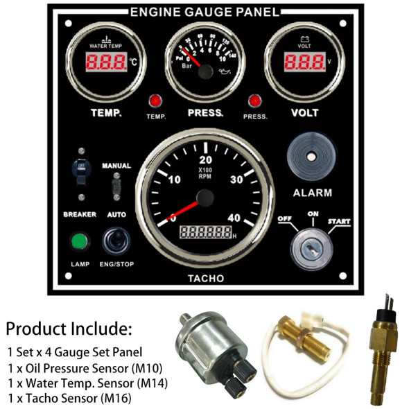 Popular 4 Gauge Set Instrument Panel with 4KRPM Tachometer Water Temp. Oil Pressure Voltmeter 220*200 mm for Boat Car 12V or 24V