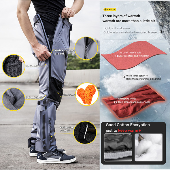 SULAITE Men's Motorcycle Pants Quick Release Winter Warm Quick Take Off Trousers Built in CE Protectors Waterproof Pants