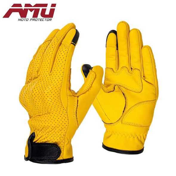AMU Motorcycle Vintage Leather Men Women Protective Cycling Gloves Touchscreen Perforate Motorcross ATV Guantes Moto