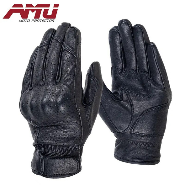 AMU Motorcycle Vintage Leather Men Women Protective Cycling Gloves Touchscreen Perforate Motorcross ATV Guantes Moto
