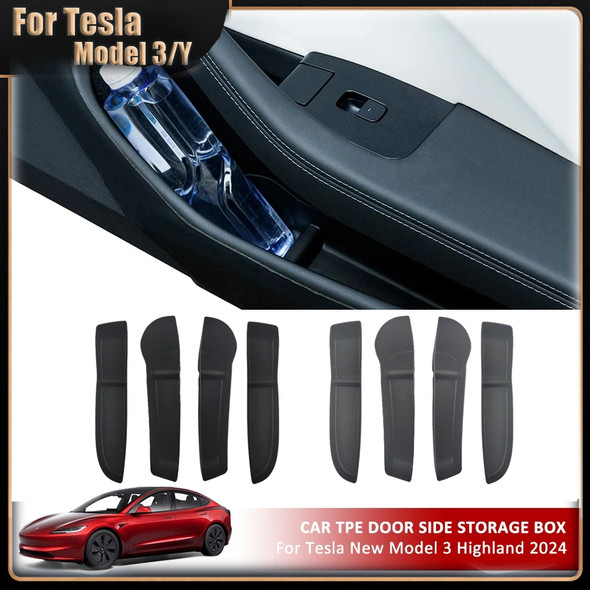 Car Door Side Storage TPE Box Front Rear Side Storage Organizer Tray For Tesla Model 3 Highland 2024 Stowing Tidying