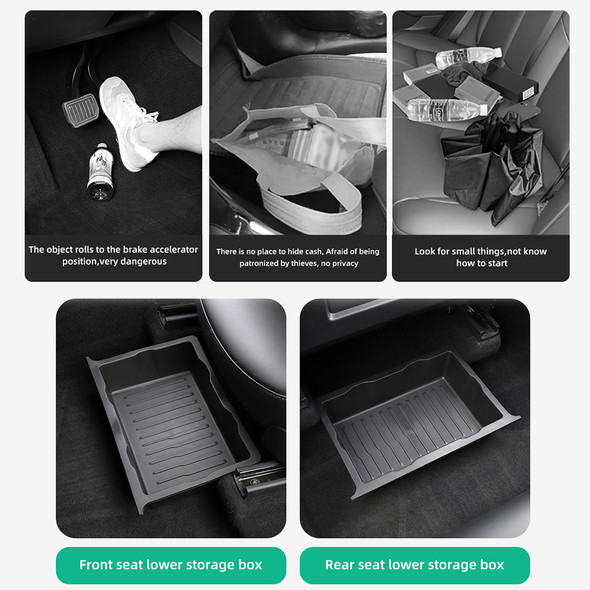 1pc/2pcs Under Seats Storage Box Organizer Trays Case Drawer TPE Black For Tesla-Model Y 2017-2023 40x12x27cm Stowing Tidying
