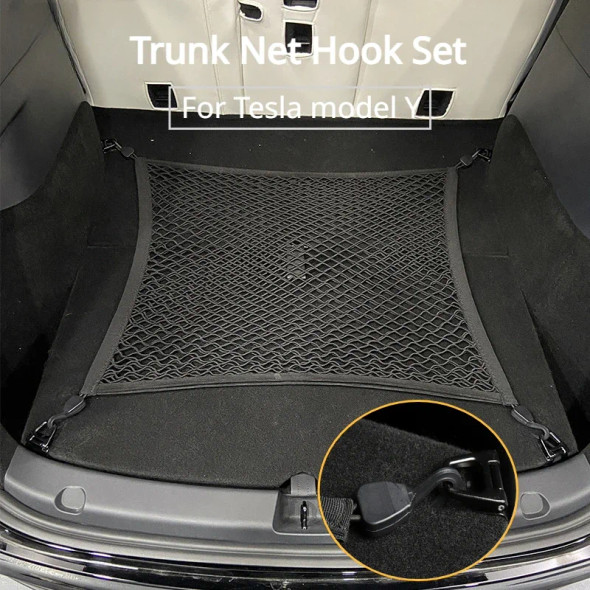 For Tesla Model Y Rear Cargo Fixed Net Stowing Tidying Car Interior Modification Trunk Luggage Equipaje Storage Net Bag Hook