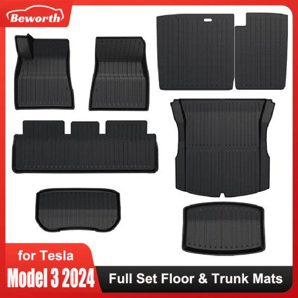 Floor & Trunk Mats For Tesla Model 3 2024 Full TPE 3D Anti-Slip All-Weather Front Rear Luggage Mats Car Foot Pads Accessories