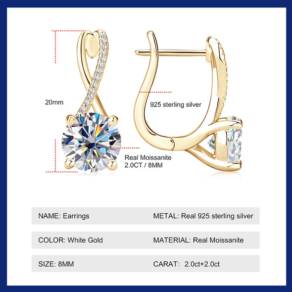 Plated 18K Gold 2 Carat Moissanite Hoop Earrings with Certificates 8mm Lab Diamond Earring for Women Original 925 Silver Jewelry