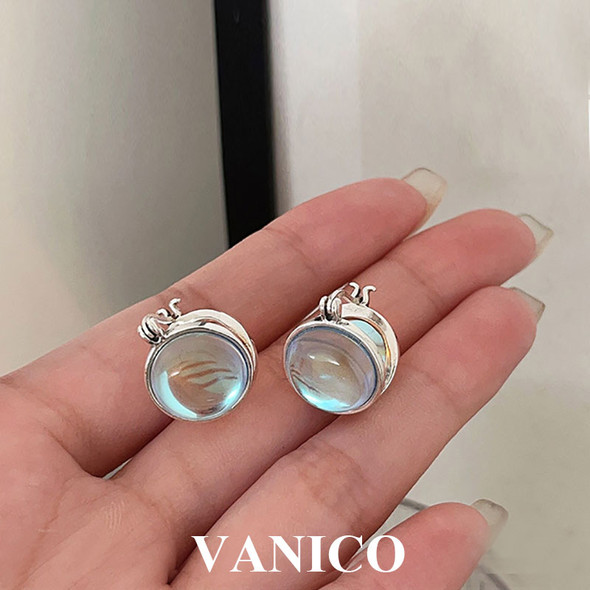 Korean Moonstone Hoop Earrings 925 Sterling Silver Y2K Style Dainty Simple Geometry Round Gemstone Huggie Earrings for Women
