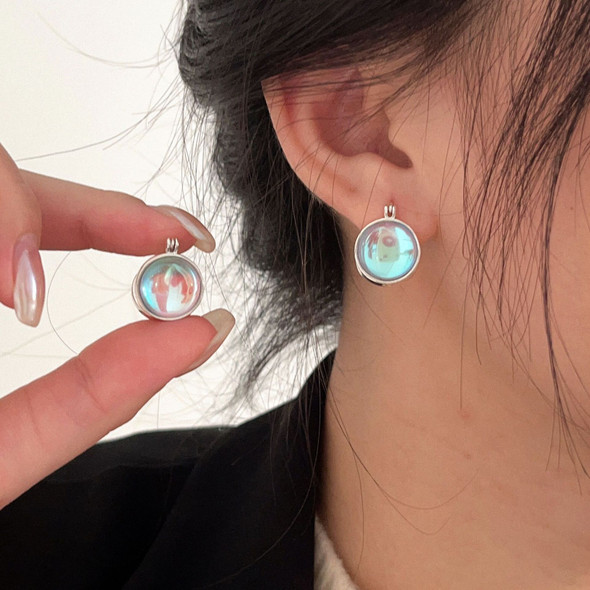 Korean Moonstone Hoop Earrings 925 Sterling Silver Y2K Style Dainty Simple Geometry Round Gemstone Huggie Earrings for Women