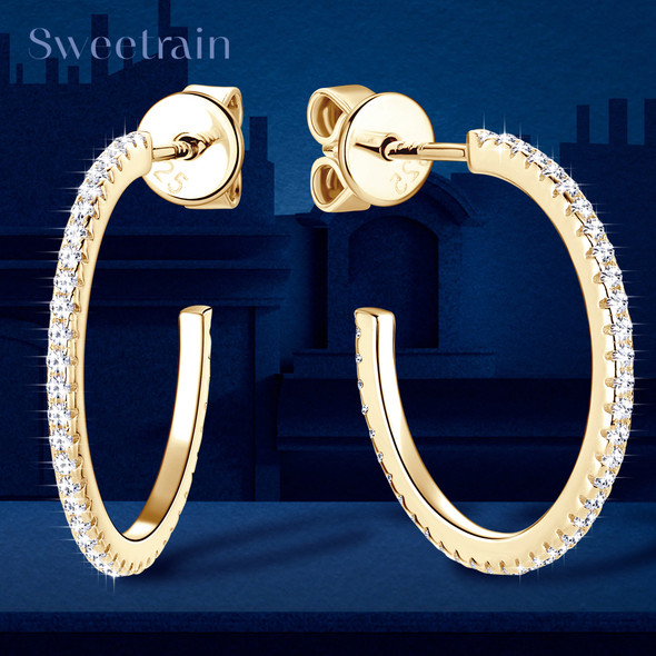 Sweetrain Newest 1mm Moissanite Hoop Earrings for Women Original 925 Sterling Silver Plate Gold Earring 2023 Trend Jewelry Gift