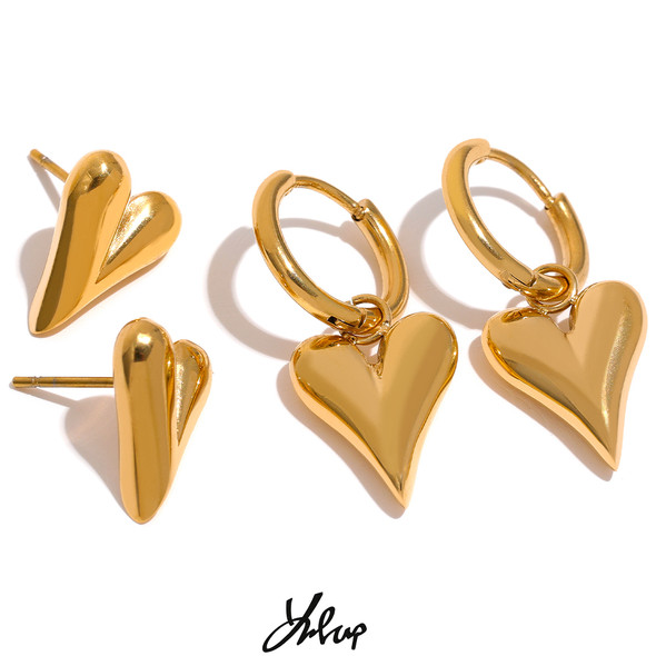 Yhpup Stainless Steel Chic Heart Huggie Hoop Earrings Charm Gold Color Tarnish Free Trendy Fashion Jewelry for Women Bijoux