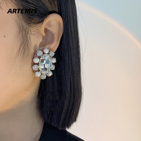 Luxury Jewelry Designer Brand Round Pearl Crystal Luxury Earrings Exaggerated Big Ear Clip Europe America Woman