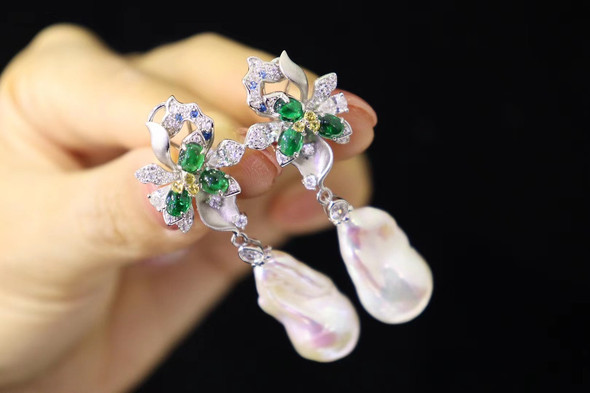 Luxury 925 Sterling Silver Natural Water Baroque Shell Pearl Drop Earring Green Flower Shape Earring For Women Jewelry Wholesale