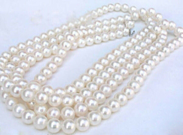 50 inch 7-8mm AAAAA perfect Akoya white pearl necklace 14kp Yellow Gold Clasp
