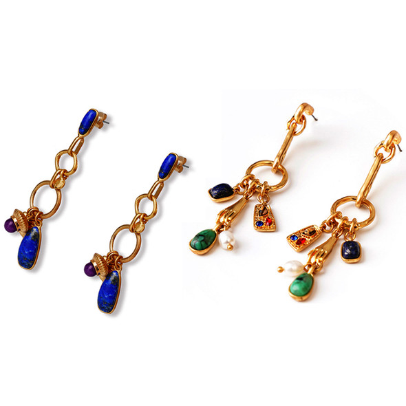 Metal Gold Studs Blue Earrings Bohemian Geo Pendant Boho Green Tassel Fringe Dangle Eardrop Fashion Jewelry