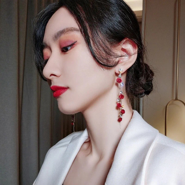 Delysia King Women 2021 Trendy Versatile Rose Earrings Alloy Rhinestone Long Tassels Elegant Temperament Eardrop