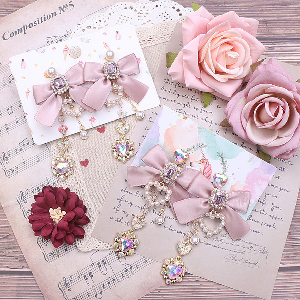 Lolita Style Lady Earrings Sweet Cute Pearl Heart Pendant Rhinestone Tassel Earrings Silver Needle Ear Clip for Women