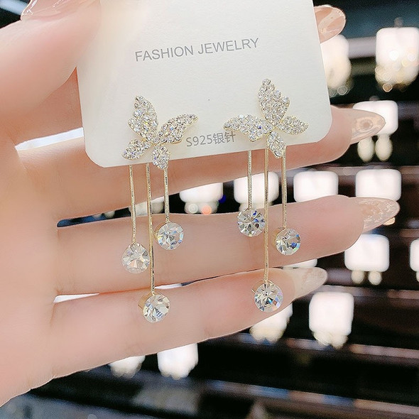 New Full Crystal Butterfly Tassel Earrings For Women Earing Jewelry Premium Fashion Korean Fairy Rhinestone Drop Earrings Party