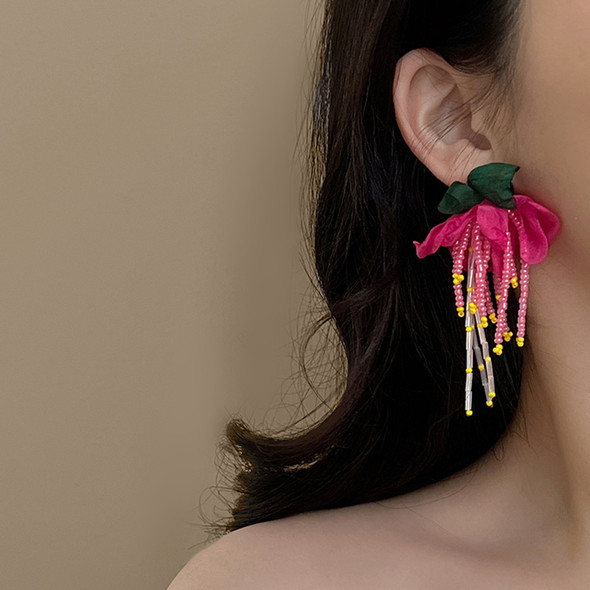 Exaggerated Style Tassel Flower Earrings With Pink Yellow Purple Color Beads Drops Women Accessories Trendy Girl Jewelry