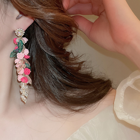 Lovely Clear Flower Earrings Long Tassel Personality Korean Style Lucky Women Jewelry Pink Style Accessories Earrings