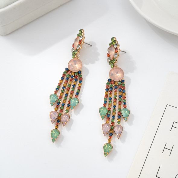 Women Long Tassel Earrings Celebrity Colored Zircon Crystal Girls Earring Dangle Green Wedding Bride Jewelry Free Shipping