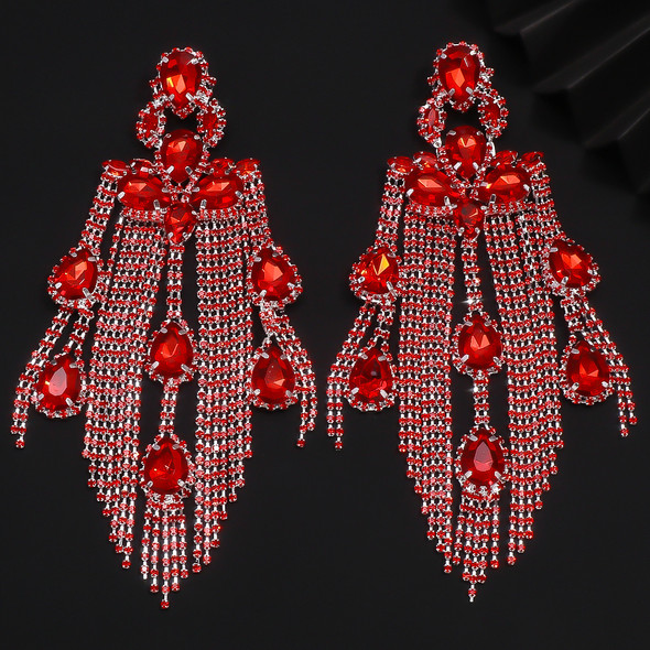 Stonefans Red Tassel Earrings Long Dangle Sparkly Elegant for Women Bohemian Exaggerated Jewelry Luxury Crystal Accessories Gift