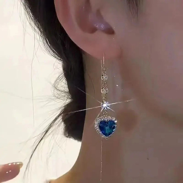 New Blue Crystal Heart Shape Tassel Pendant Earrings for Women Fashionable Unique Daily Accessories Party Jewelry Birthday Gifts