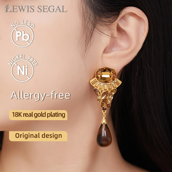 LEWIS SEGAL Luxury Medieval Style Large Topaz Glass Stone Dangling Teardrops Earrings Fine Jewelry 18K Gold Plated
