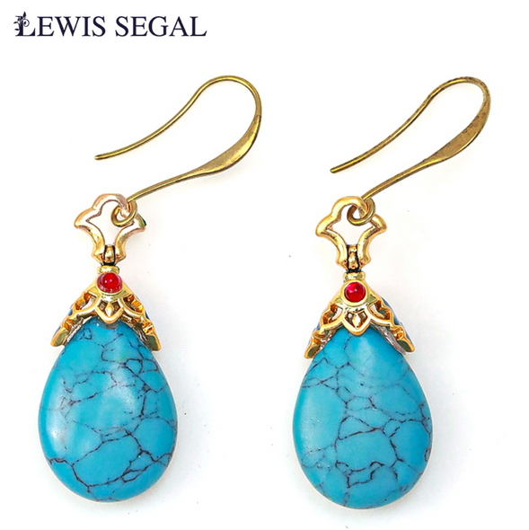 LEWIS SEGAL Teardrop Blue Turquoise Dangle Earring for Women Girl Luxury Medieval Style Vintage Fine Jewelry 18K Gold Plated